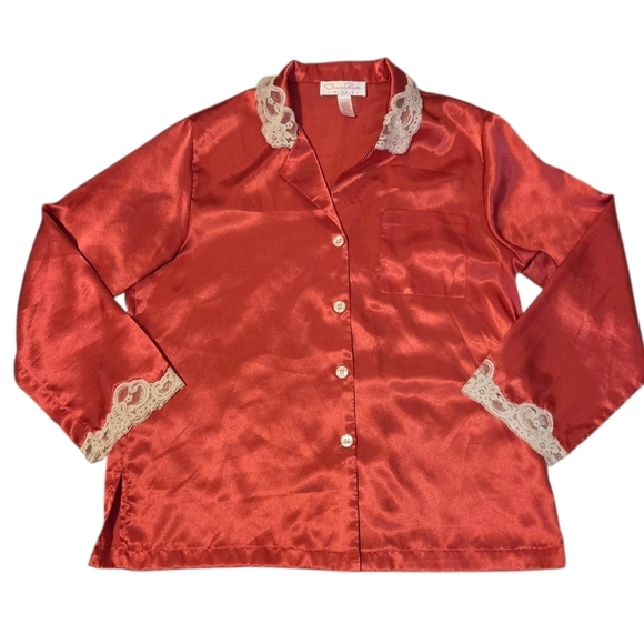 Oscar De La Renta Pink Label Silky Satin Coral Pink Lace 2 Piece Matching Set Pj - Picture 4 of 12